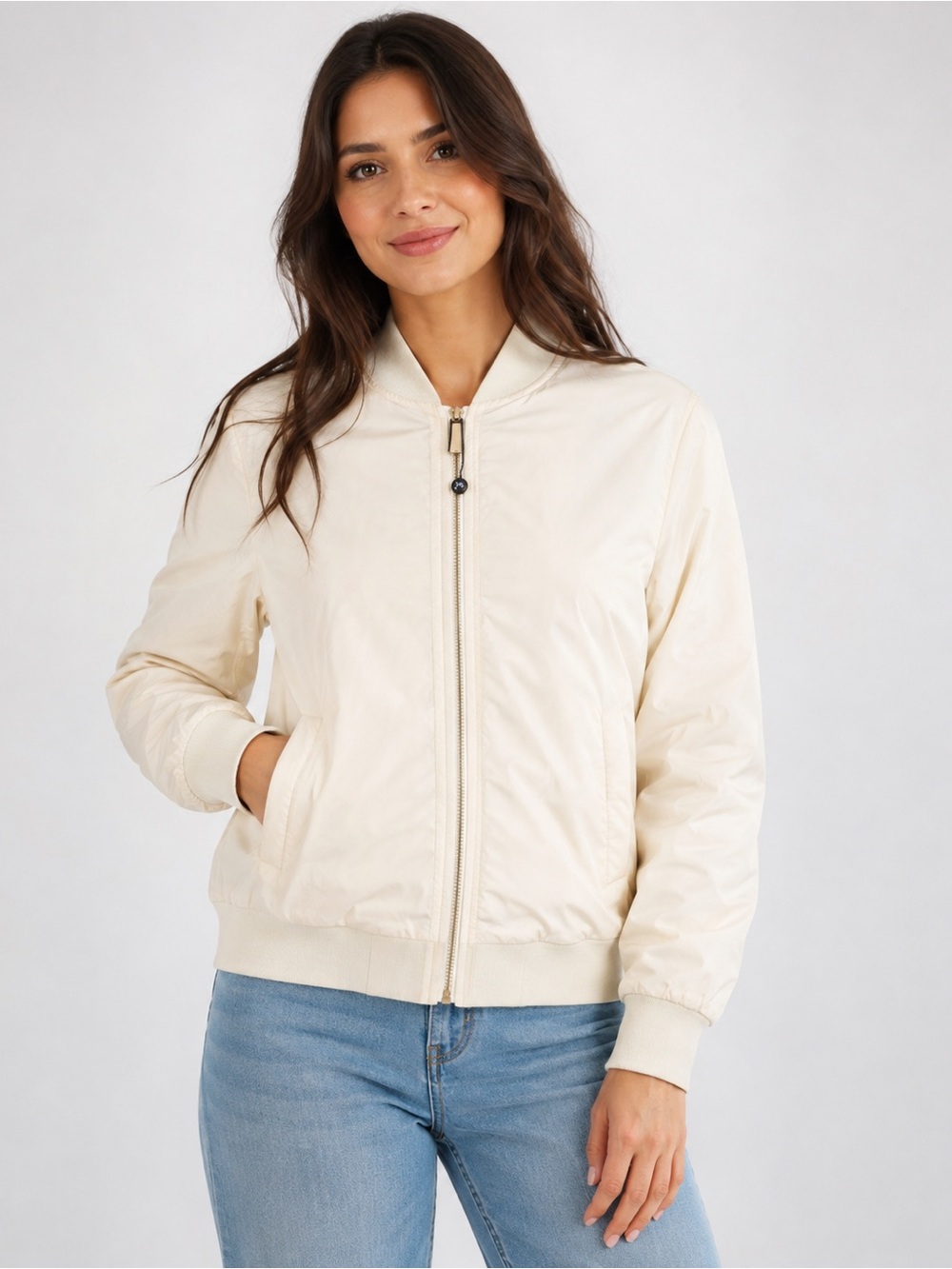 Women's Cream Bomber Jacket - Lightweight Zip Front